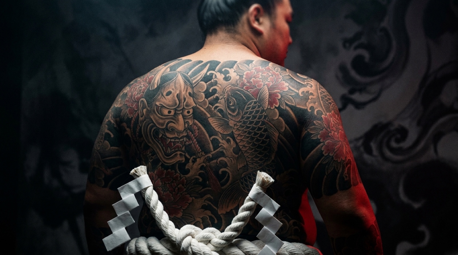 Schiena coperta di irezumi, con la corda sacra e gli shide annodati in vita